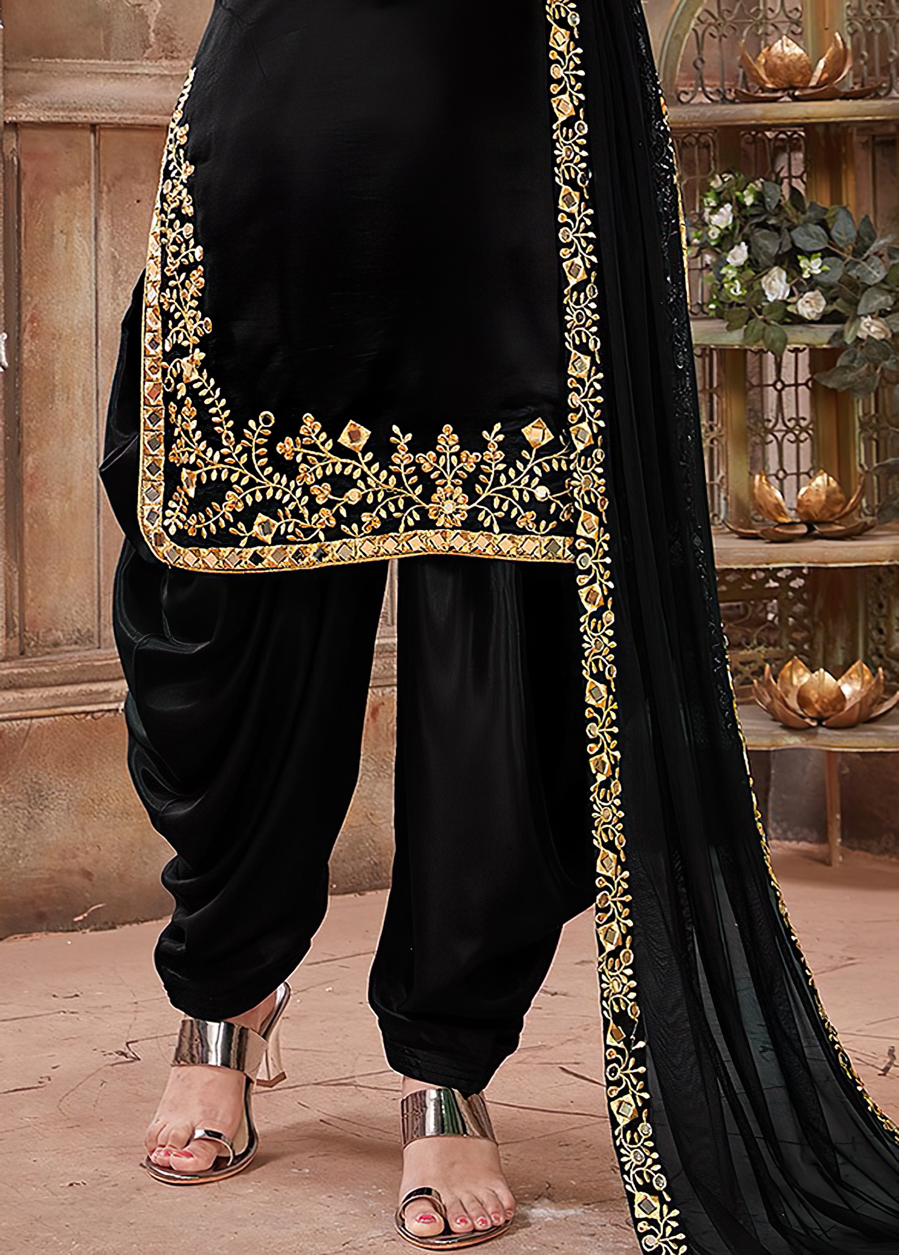 3 pcs Black and Golden Embroidered Treditional chiffon patiala Suit for Woman