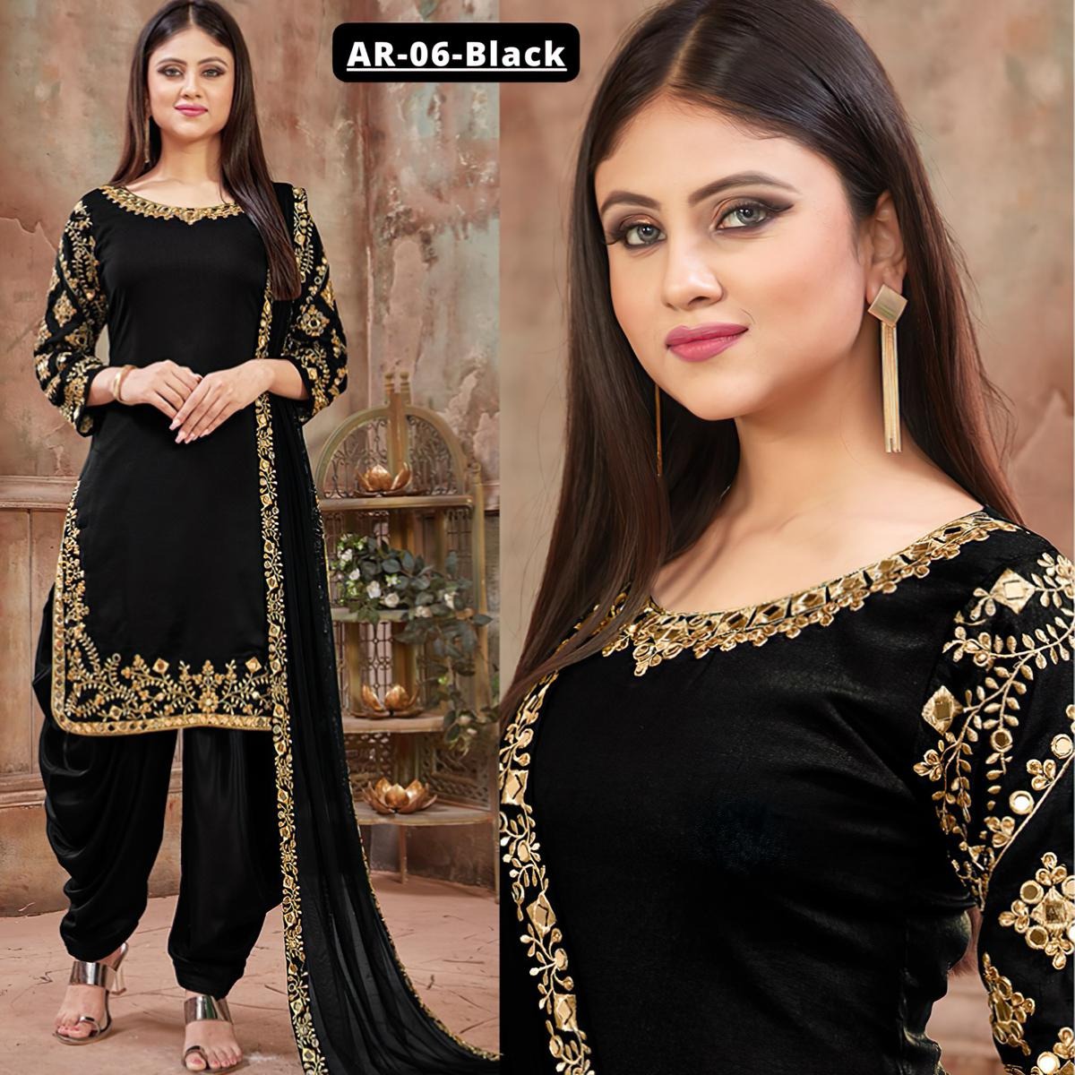3 pcs Black and Golden Embroidered Treditional chiffon patiala Suit for Woman